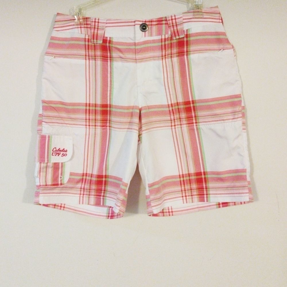 Cabela's men's pink/white plaid swim trunks cargo sz 30